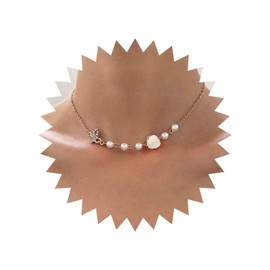 Yheakne Vintage Pearl Camellia Choker Necklace CZ Butterfly Necklace Pearl Pendant Necklace Butterfly Camellia Pearl Necklace Jewellery for Women and Girls