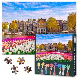 1000 Piece Jigsaw Puzzle - Amsterdam Netherlands Landscape 50x70cm, City Skyline at Canal Waterfront with Spring Tulip Flower Unique Gift for Adults Art