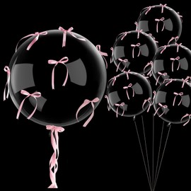 6 Pcs 20in Pink Bow Party Balloons Coquette Birthday Party Decorations with 30Pcs Mini Ribbon Bow for Wedding Bachelorette Party, Bridal Shower Decorations