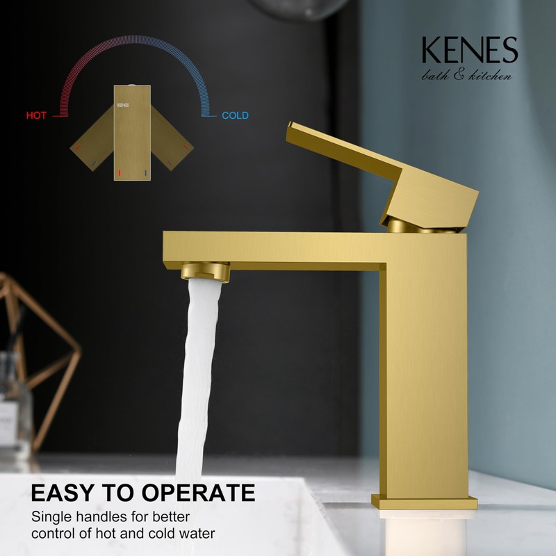 KENES Brushed Gold Bathroom Faucets, Modern Single Hole Lavatory Vanity