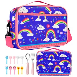 Kids Lunch Bag Box for School - Insulated Lunchbox with Adjustable Strap for Girls Boys Children,Waterproof Lunch Box Travel Picnic 5.3L with Spoon Fork Food Picks for 4-14 Years Old（Blue Rainbow）
