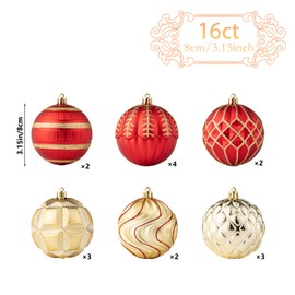 3.15'' Red and Gold Christmas Ornaments, 16PCS Shatterproof Plastic Christmas Ball Ornaments, Christmas Baubles Hanging Decorations for Xmas Tree Party Holiday Wedding (Red & Gold)