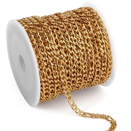 33FT 18K Gold PVD Plated Stainless Steel Figaro Chain Roll, 3mm Width Gold Figaro Link Chains Spool Bulk for Jewelry Making