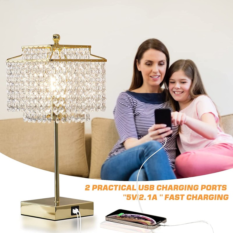 Luvkczc Set of 2 USB Bedside Crystal Table Lamp Gold,