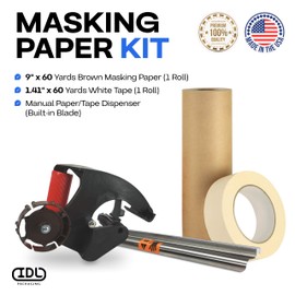 IDL Packaging Masking Kit-9" x 60 Yards Brown Masking Paper (1 Roll) & 1.41" x 60 Yards White Tape (1 Roll) & Masking Paper/Tape Dispenser (Built-in Blade)