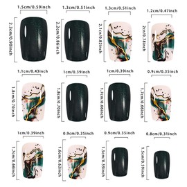 Press On Medium Green Smudge False Square Full Cover Glossy Reusable Coffin Artificial Acrylic Marbling Fake Glue on Nails for Women 24Pcs