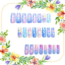 CJDLTS Press on Nails Medium Length Colorful Smudge Stripes False Nail Full Cover Square Stick on Nails Press Ons with Design Artificial Acrylic Glossy Glue on Nail for Women Charm Manicure Set 24Pcs