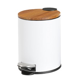 SunnyPoint 3L Mini Trash Can with Wooden Lid, Step Pedal & Slow-Close, Small Garbage Bin for Bathroom, Office, Kitchen, RV – with Removable Inner Bucket (WHT)