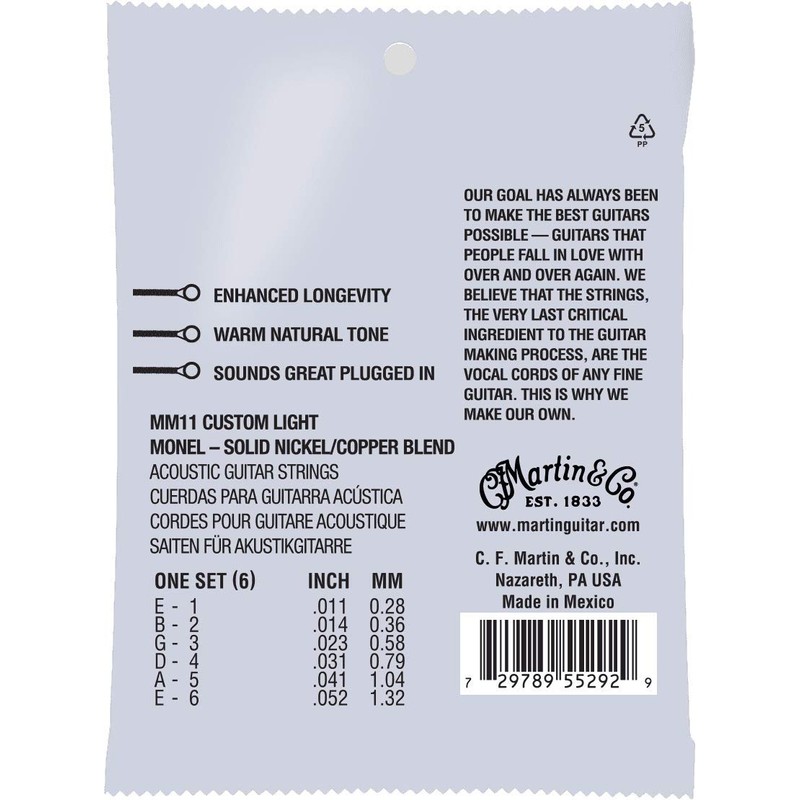 Martin Retro Acoustic Guitar Strings,11-52 Custom-Light-Gauge Monel, Nickel (6 str)