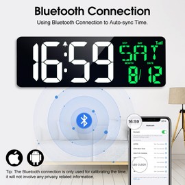 Xflyee 17 Inch Digital Wall Clock Large Display Bluetooth Sync Time, Auto-Dimming Large Digital Wall Clock with Remote, Date/Week/Temperature/DST, Plug-in Digital Clock for All Spaces Use, Gift