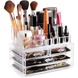 Masirs Clear Makeup Organizer – 16-Compartment Cosmetic and Jewelry Holder, 4-Drawer Vanity Storage, Elegant Clear Design for Makeup and Accessories