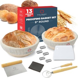 Bread Proofing Basket Set of 2 - Round 9" Sourdough Bread Baking Supplies w/Linen Liner, Scrapers, Scoring Lame, Whisk, Blades Banneton Proofing Baskets - Sourdough Starter Kit for Beginners