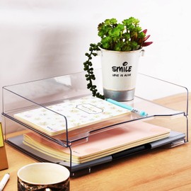 2 Tier Stackable Letter Tray, Transparent Desk Paper Tray File Organizer, A4 Size Document Paper Sorter Tray, Stacking Support PET File Tray for Office, Home or School (Clear)