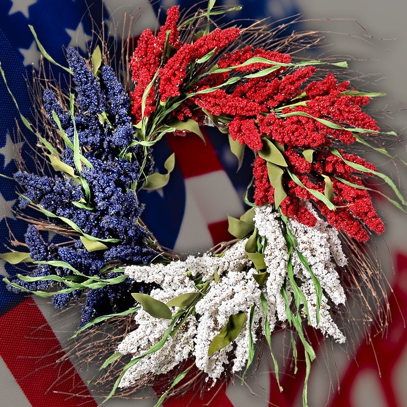 4th of July Independence Day Wreath White Red Blue Rice