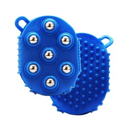 Housoutil Palm Shaped Massage Glove, Handheld Body Massager with 7 Metal Roller Balls, Exfoliating Bath Brush for Muscle Soreness, Cellulite Management, Blue