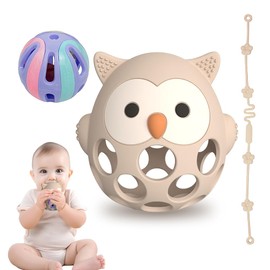 Teething Ring & Rattle for Babies - Sensory Toy from 0 Months, Teething Aid & Grasping Ball - Gift for Boys & Girls (Owl-White)