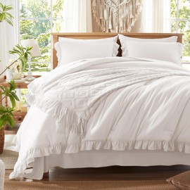 Anluoer Full Comforter Set 7 Piece, White Bed in a Bag with Sheets, All Season Ruffle Shabby Chic Bedding Sets with 1 Comforter, 2 Pillow Shams, 2 Pillowcases, 1 Flat Sheet, 1 Fitted Sheet