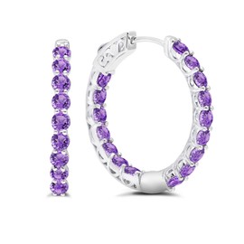 MAX + STONE Purple Amethyst Inside Out Hoop Earrings for Women in 925 Sterling Silver 1 Inch Diameter and 3mm February Birthstone with Notched Post with Lock