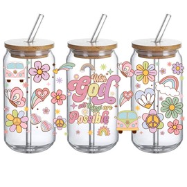 Christian Bible Verse UV DTF Glass Cup Wrap Transfer Decal- 3PCS with God All Things are Possible Craft Transfers, Gift for Christian Wowan Retro Desgin, Waterproof Decal for 16oz Glass Cups