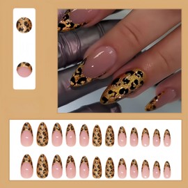 Leopard Print Press on Nails Gold Glitter Medium Almond Fake Nails Bling Gold Glitter Brown False Nails with Designs Glue on Nails Full Cover Artificial Nails French Tip Stick on Nails for Women 24Pcs