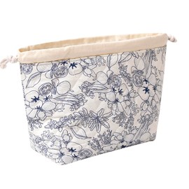 SURBEAV Aesthetic Cotton Quilted Drawstring Makeup Bag - Cute Travel Toiletry Organizer with Canvas Lining, Lightweight and Durable Cosmetic Pouch for Women Girls (Navy blue flower)