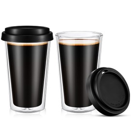 Honeydak 2 Pack 12 oz Double Walled Glass Coffee Mugs with Silicone Lids Clear Insulated Drinking Cups Reusable Glass Iced Coffee Cups for Home Office and Travel