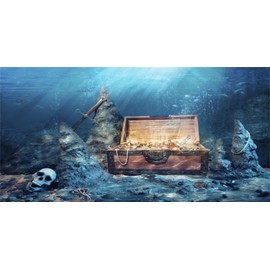 AWERT 48x20 inches Underwater Aquarium Background Opened Treasure Chest with Bright Gold Treasure Box Adventure Water Wealth Pirate Fish Tank Background Vinyl Background