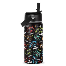 ROVOZAR Game Water Bottle - 16oz Game Controller Stainless Steel Water Bottle with Straw - Funny Gamer Insulated Cup for Boys - Gaming Kids Tumbler for School, Sports, Travel