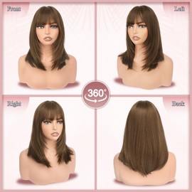 Brown Bob Wig with Bangs Shoulder Length Straight Wigs for Women