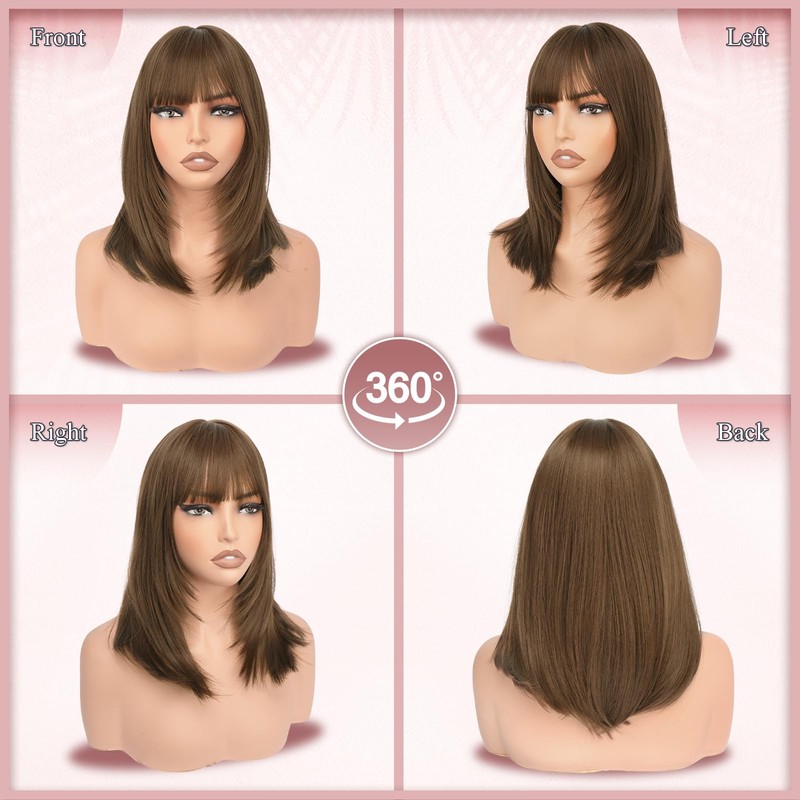 Brown Bob Wig with Bangs Shoulder Length Straight Wigs for