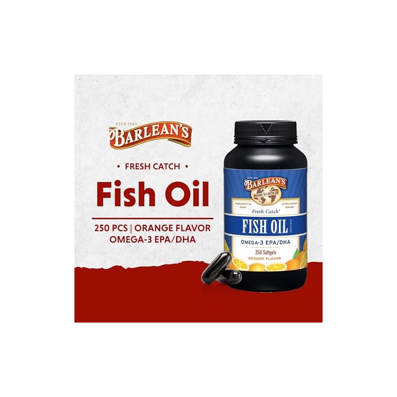 Barleans Fresh Catch Fish Oil, Omega-3, 1000mg EPADHA, Orange Flavor,