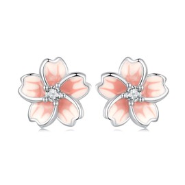 Sterling Silver Earrings for Women, Small Cherry Blossom Hypoallergenic Stud Earrings, Jewellery Gift for Girls and Sisters, enamel, Enamel