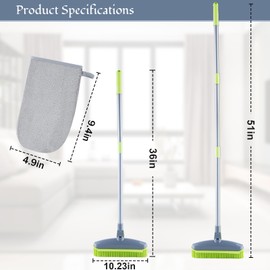 180°Rotating Rubber Broom with Squeegee for Pet Hair Removal - 50" Iron Handle Fur Remover Rake Brush for Carpet, Hardwood & Tile Floors, Includes Pet Hair Removal Gloves (Green)