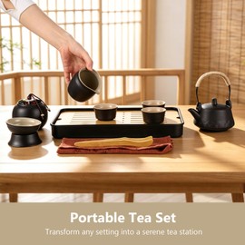14 PCS Portable Tea Set, Japanese Ceramic Gongfu Tea Set with 6.8 oz Teapot, 6 Cups, Tray and Travel Case, Black Minimalist Style for Outdoor Picnic, Office, Home and Gifting