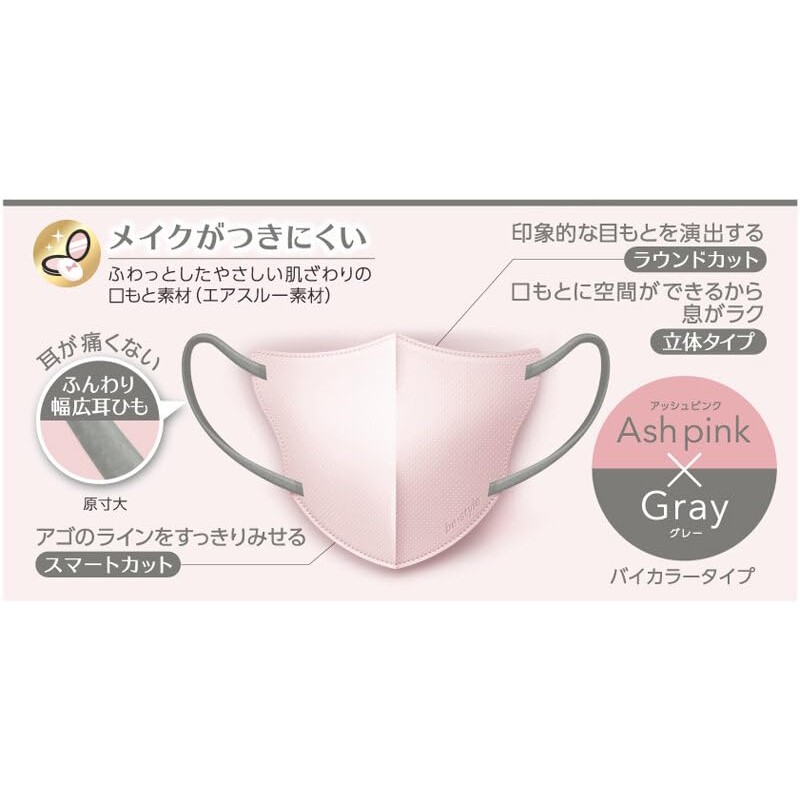 (2個セット) 立体タイプ マスク ふつうサイズ アッシュピンク×グレー ７枚入 マスクケース付き