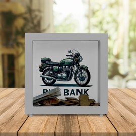 Retro Touring Motorcycle Frame Wooden Money Box with Saying Bike Bank British English Racing Green Ideal Accessory for Bike Fans Unique Vehicle Design