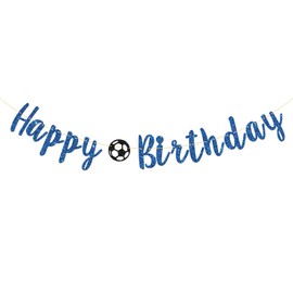 Soccer Happy Birthday Banner, Soccer Birthday Banner, Sport Football Theme Bithday Party Decorations Supplies (Blue Glitter)