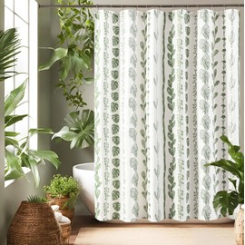 Sage Green Boho Shower Curtain,Modern White Light Green Neutral Farmhouse Waterproof Fabric Shower Curtains for Bathroom,Unique Decorative Tropical Spa Botanical Nature Plant Floral Eucalyptus Decor