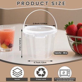 LECEHIVO 24 Pcs 48 oz Clear Buckets with Lids, Plastic Ice Cream Containers with Colorful Stickers and Handle, Round Food Storage Pails for Freezer and Microwave