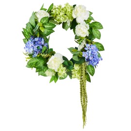Happybuy Artificial Decorative Wreath, 23 Inches. Adorned with Hydrangeas, Roses, Berries, and Vines in Blue, White, and Green. Ideal for All Seasons, Indoor and Outdoor, Home Wall, Window