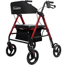 Rollator Walker for Seniors/Adults Foldable Rolling Walker with Seat 330 lbs Capacity 4 Big 8 inch Wheels Hand Grips Adjustable Height Lightweight Aluminum Walker 7208(Red)