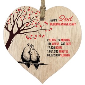 2nd Wedding Anniversary Wooden Heart Plaque, Light Wood Sign Keepsake, Celebrate Cotton Anniversary Wife Husband Boyfriend Girlfriend, Plaque with Quotes Gifts from the Kids