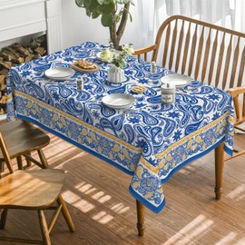 Horaldaily Boho Floral Bordered Tablecloth 60×84 Inch Rectangular, Paisley Blue Washable Seasonal Table Cover for Party Picnic Dinner Decor