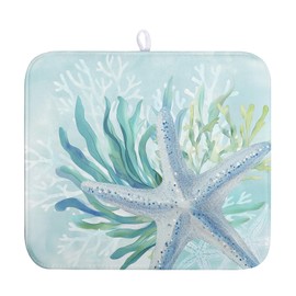 Wnoesat Summer Coastal Dish Drying Mat for Kitchen Counter Nautical Beach Starfish Coral Dish Drying Pad Ocean Teal Blue Dish Mat Absorbent Microfiber Dishes Drainer Mats 16"x18"