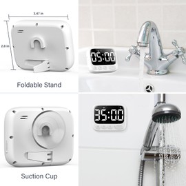 HAUKINIX Shower Timer Waterproof Bathroom Timer Toilet Timer Digital Kitchen Timer for Wall Mount, Study Timer w/Foldable Stand, Countdown Timer/Stopwatch/Mute/High/Low Volume, White