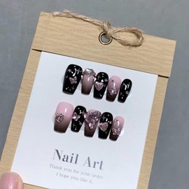 MAOLEETO 3D Squoval Press on Nails, Short Ladder Fake Nails Pink Rhinestones False Nails Middle Pink Press on Nails for Women Girls Nail Art Decoration - Middle