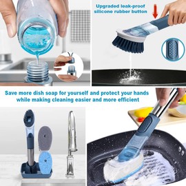 Da&Co Dish Brush Soap Dispensing Set, New Improved Mold from September 2023, Kitchen Brush with Storage Holder, 4 Brush Replacement Heads, Stainless Steel Handle, Kitchen Scrub Brush for Dishes Sink