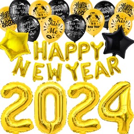 HOWAF Silvester Deko 2024 XXL Dekoration Set, 2024 Folienballons Happy New Year Girlande und Schwarz Gold Silvester Luftballons Latex Ballons für Neujahrsdeko Silvesterpartydeko Accessoires