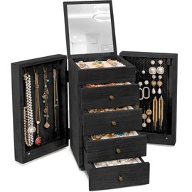 Meangood Jewelry Box Wood for Wowen, 5-Layer Large Organizer Box with Mirror & 4 Drawers for Rings, Earrings, Necklaces, Black