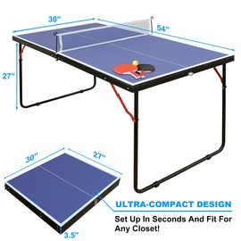 Mid-Size Table Tennis Table, Foldable & Portable Ping Pong Table Set for Indoor & Outdoor Games with Net, 2 Table Tennis Paddles and 3 Balls